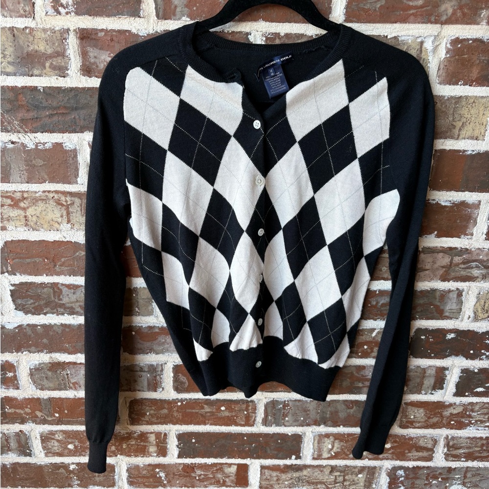 Ralph Lauren Golf Argyle Black White Silk Cashmere Cardigan Size Medium - Picture 6 of 12